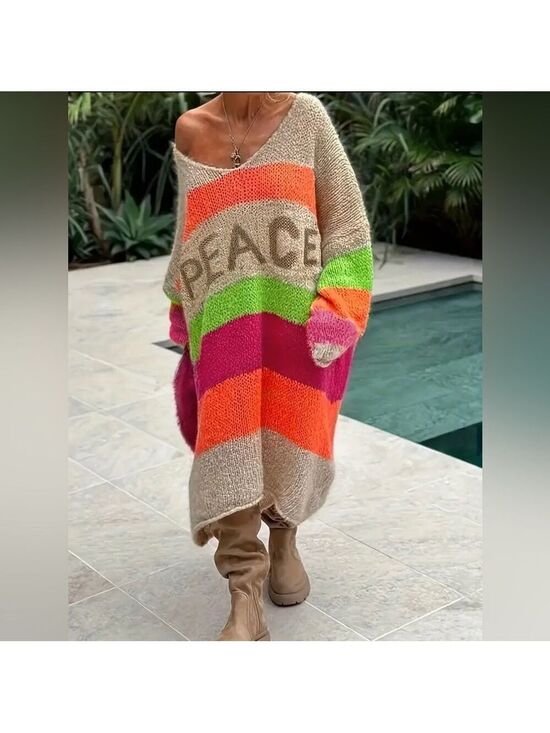 Boutique Dresses & Skirts - Oversized Bohemian Knit Crochet Peace Pattern Color Block Loose Sweater Dress